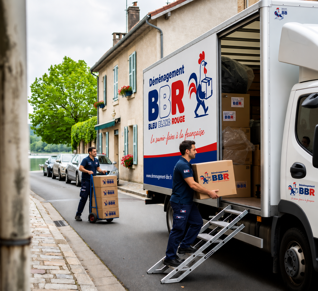 Déménageur BBR avec diable de cartons devant le camion