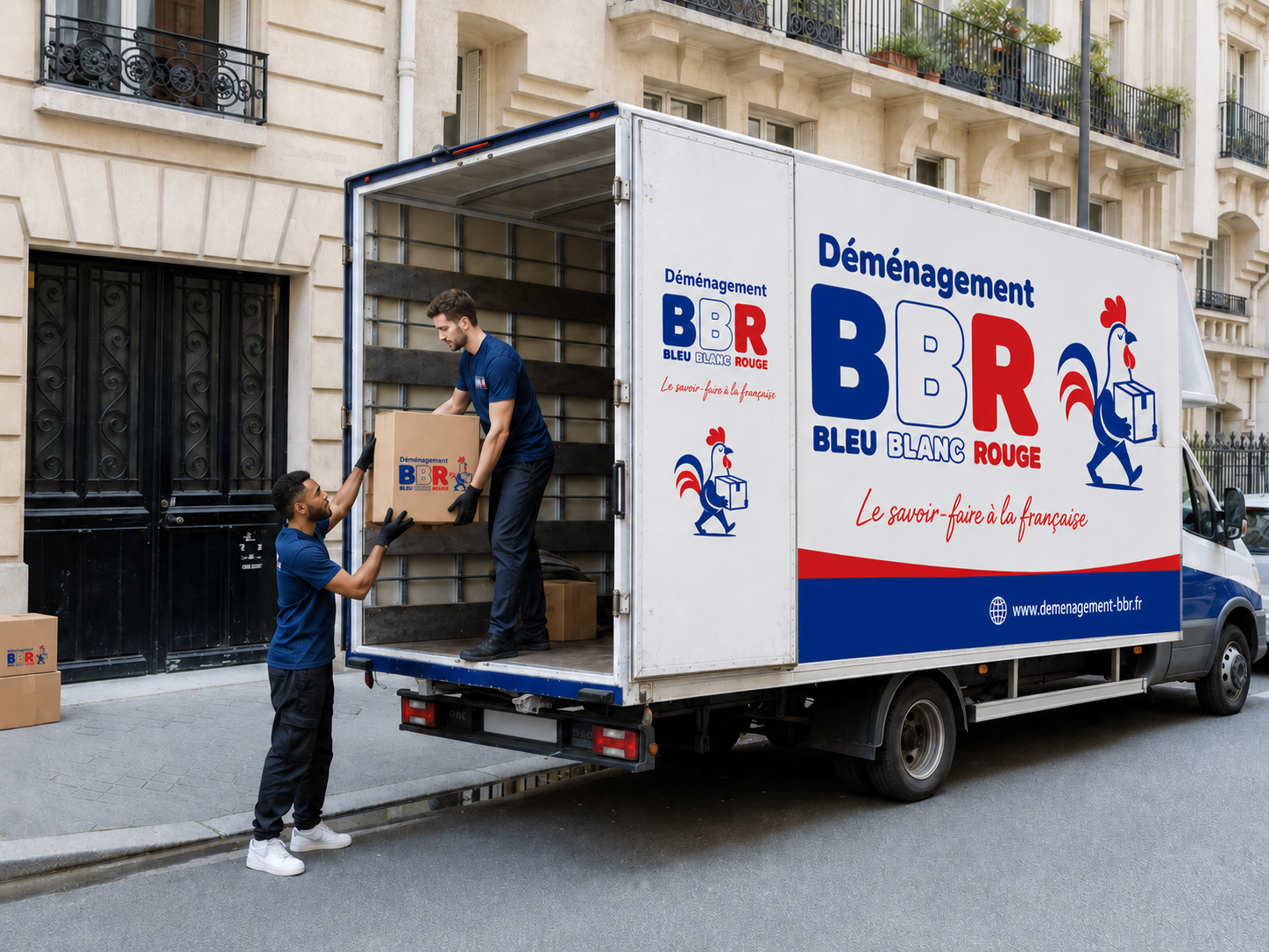 Deux déménageurs BBR chargent un carton dans le camion, Paris